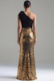 Negro y dorado brillante, lentejuelas de un solo hombro, lazo Vestido formal largo con abertura