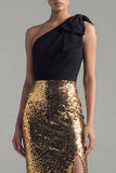 Negro y dorado brillante, lentejuelas de un solo hombro, lazo Vestido formal largo con abertura