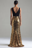 Vestido formal largo de sirena con cuello en V con lentejuelas negras y doradas brillantes