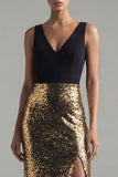 Vestido formal largo de sirena con cuello en V con lentejuelas negras y doradas brillantes