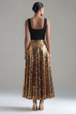 Vestido formal largo de cabello en línea A brillante, negro y dorado, cuello cuadrado
