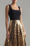 Vestido formal largo de cabello en línea A brillante, negro y dorado, cuello cuadrado