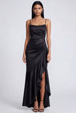 Vestido formal de tirantes finos de sirena negra con volantes