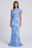 Vestido formal asimétrico de sirena amarillo con bordado floral