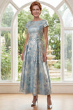 Vestido largo de madre de la novia con cuello bateau jacquard azul A-line con lazo