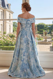 Vestido largo de madre de la novia azul jacquard de línea A descubierto