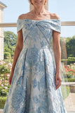 Vestido largo de madre de la novia azul jacquard de línea A descubierto