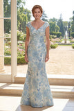 Vestido largo de madre de la novia de sirena azul con escote en V y jaququard largo