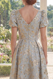 Vestido largo de madre de la novia A-line azul polvoriento Jacquard de escote en V con mangas abullonadas