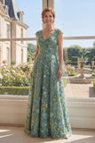 Vestido largo de Madre de la Novia de tul verde bordado en V, cuello en V