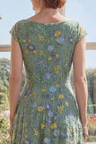 Vestido largo de Madre de la Novia de tul verde bordado en V, cuello en V