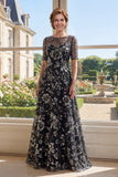 Vestido de Madre de la Novia de tul negro con escote bateau de línea A