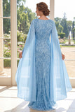 Vestido largo de madre de la novia con escote en V azul claro y funda