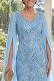 Vestido largo de madre de la novia con escote en V azul claro y funda