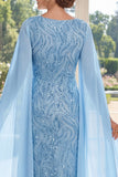 Vestido largo de madre de la novia con escote en V azul claro y funda