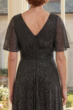 Vestido largo de madre de la novia negro en línea en A, escote en V, con mangas aleteadas