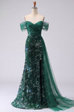 Vestido largo de graduación con lentejuelas de sirena verde oscuro con hombros descubiertos y brillante