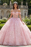 Vestido de baile rosa con corsé de hombros descubiertos y apliqueado vestido de quinceañera