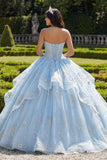 Vestido de quinceañera azul cielo con volantes corsé de gala de gala
