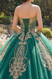 Vestido de gala verde corsé sin tirantes con aplicación de quinceañera