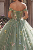 Vestido de baile verde corsé verde con hombros descubiertos y vestido floral de quinceañera
