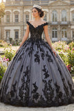 Vestido de baile negro con hombros descubiertos y vestido de quinceañera