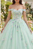 Vestido de baile verde descubierto con flores 3D