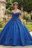 Vestido de baile de quinceañera azul real brillante con aplicaciones de hombro al revés