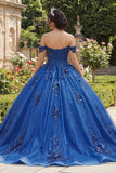 Vestido de baile de quinceañera azul real brillante con aplicaciones de hombro al revés