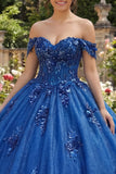 Vestido de baile de quinceañera azul real brillante con aplicaciones de hombro al revés