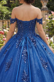 Vestido de baile de quinceañera azul real brillante con aplicaciones de hombro al revés