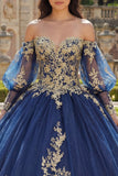 Vestido de baile de manga larga con aplícos al aire marino y hombros descubiertos de la quinceañera