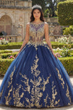 Corsé azul marino con escote redondo y vestido de gala de quinceañera