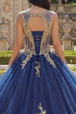 Corsé azul marino con escote redondo y vestido de gala de quinceañera