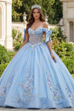 Vestido de baile azul con corsé de hombros fríos con aplicaciones de quinceañera