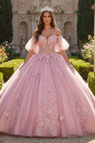 Vestido de baile rosa con aplíquos de hombros descubiertos y mangas abombadas