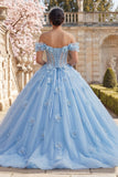 Vestido de gala con hombros descubiertos, corsé azul perlas y vestido quinceañera con flores tridimensionales