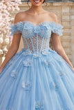 Vestido de gala con hombros descubiertos, corsé azul perlas y vestido quinceañera con flores tridimensionales