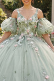 Vestido de baile verde salvia Flores 3D Princesa Quinceañera con mangas abultadas