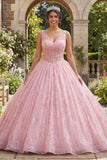 Vestido de baile rosa con purpurina Corsé de V y cuello de quinta