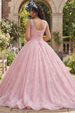 Vestido de baile rosa con purpurina Corsé de V y cuello de quinta