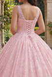 Vestido de baile rosa con purpurina Corsé de V y cuello de quinta