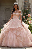 Vestido de gala rosa con purpurina al aire descubierto, vestido de quinceañera con volantes y puntinas