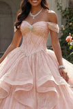 Vestido de gala rosa con purpurina al aire descubierto, vestido de quinceañera con volantes y puntinas