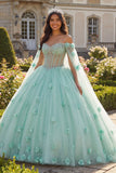 Vestido de baile verde claro con cuentas y corsé 3D flor de quinceañera con mangas capa