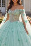 Vestido de baile verde claro con cuentas y corsé 3D flor de quinceañera con mangas capa