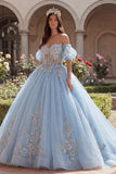 Vestido de baile azul cielo con corsé de hombros descubiertos y aplíquidos, vestido de quinceañera y mangas abullonadas