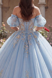 Vestido de baile azul cielo con corsé de hombros descubiertos y aplíquidos, vestido de quinceañera y mangas abullonadas