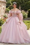 Vestido de baile Corsé rosa con cuentas y hombro descubierto vestido de quinceañera con lazo grande