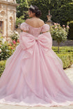 Vestido de baile Corsé rosa con cuentas y hombro descubierto vestido de quinceañera con lazo grande